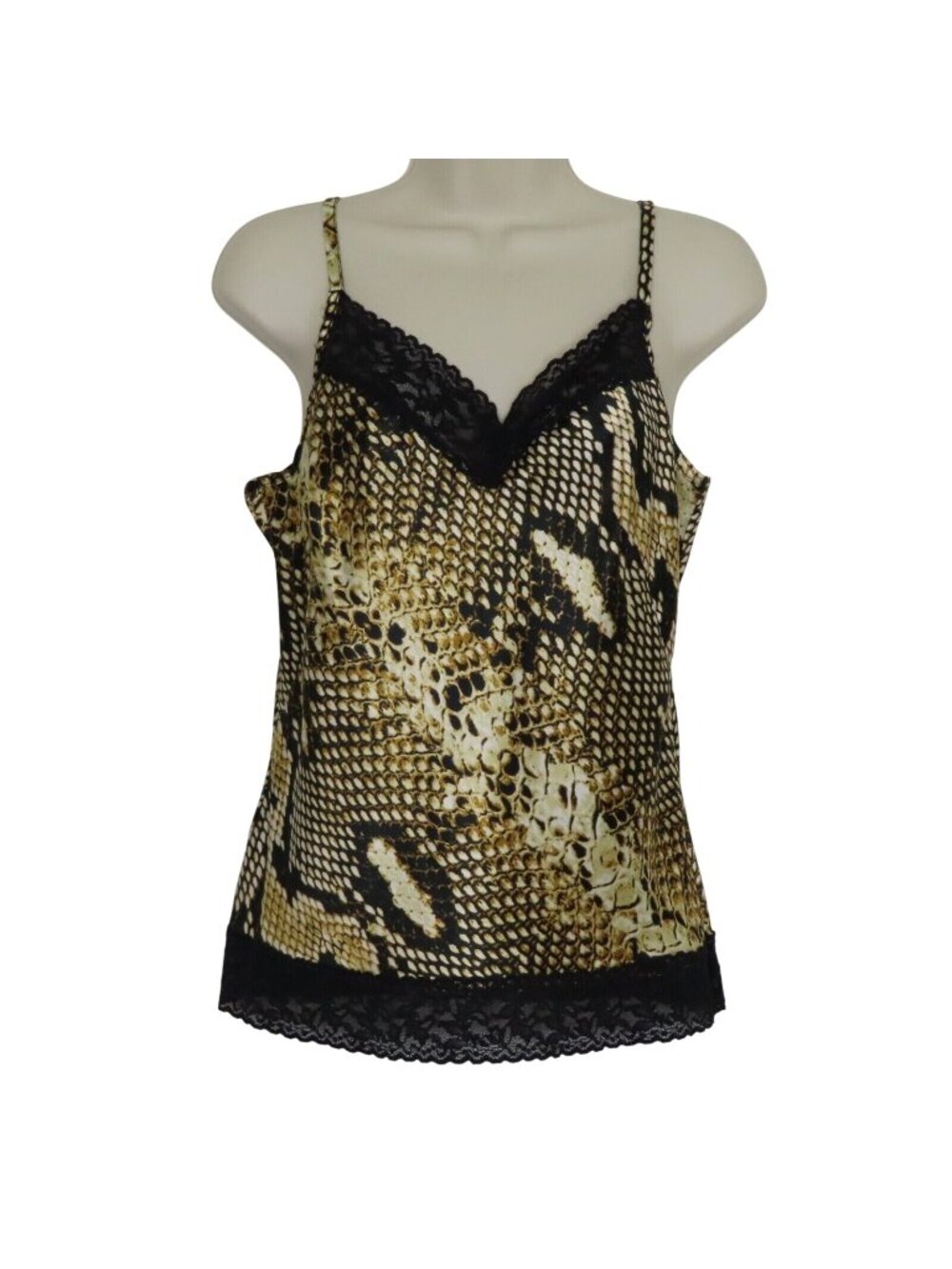 Cache Womens Small Yellow Snakeskin Print Black Lace Spaghetti Strap Tank Shirt